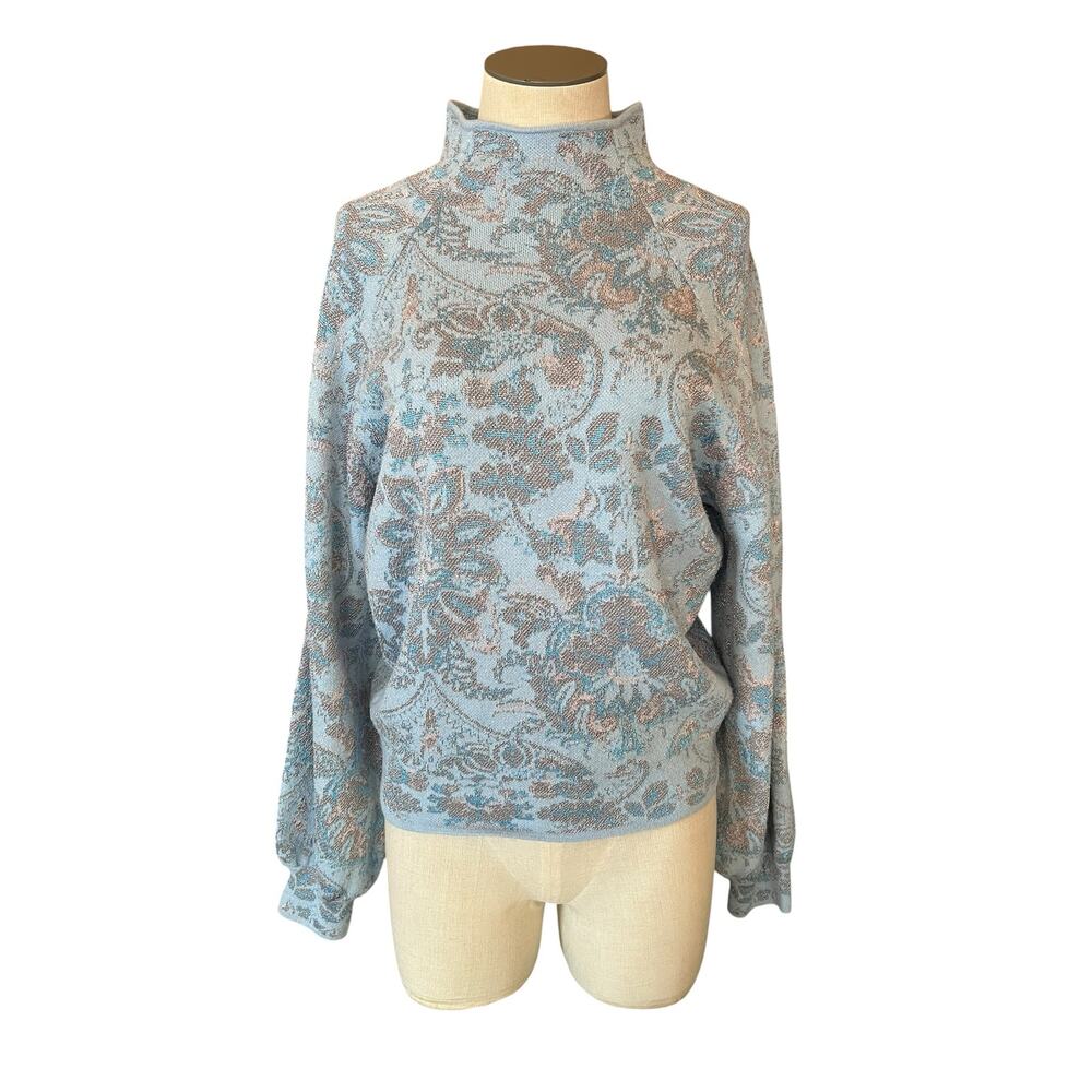 Anthropologie Womens Blue Beatriz Lurex Mock Neck Cottagecore Cozy Sweater Sz M